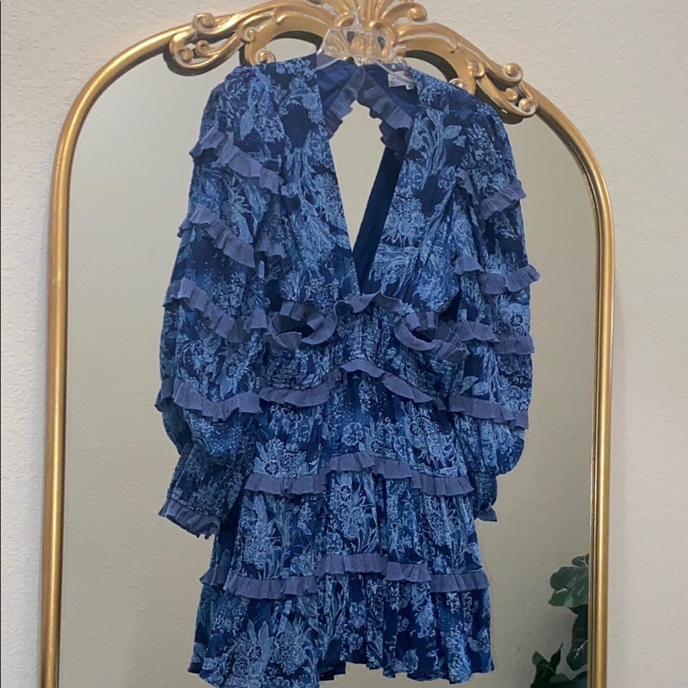 Elliatt Alvernia Ruffle Long Sleeve Mini Dress in Navy Blue Size XL - Picture 5 of 13
